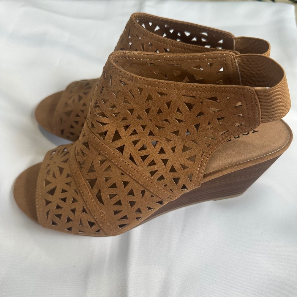 Torrid Womens 11W Cognac Brown Laser Cut Geometric Wedge Slingback Sandals 11W